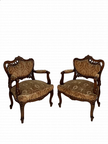 Pair of wood and fabric armchairs, early 20th century