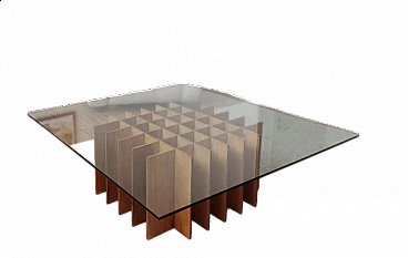 Tavolino quadrato in legno e vetro, anni '70