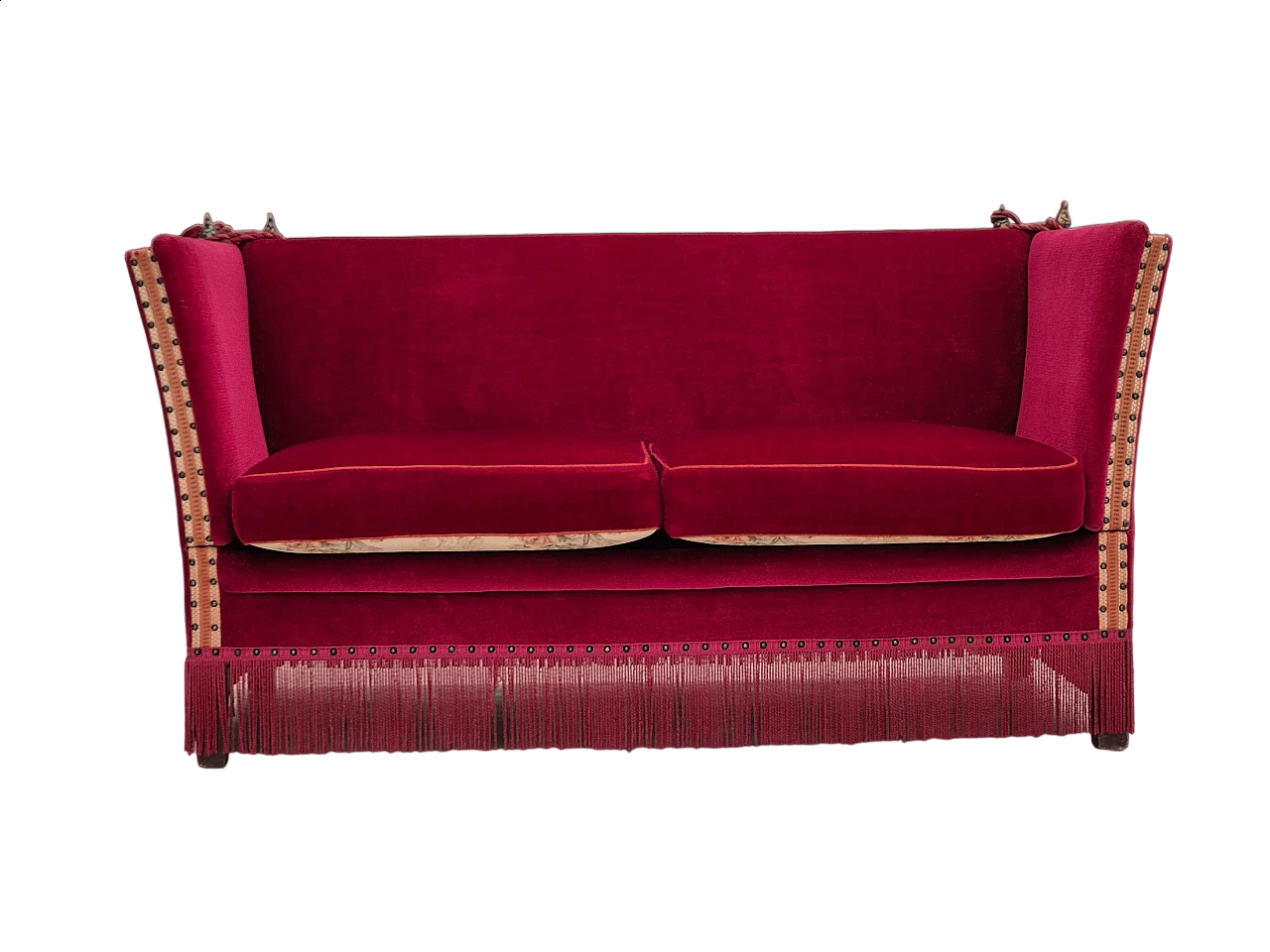 Danish cherry red velvet sofa with reclining armrests, 1970s 19