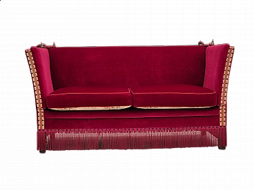 Danish cherry red velvet sofa with reclining armrests, 1970s