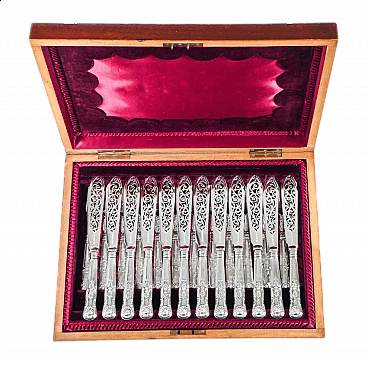 24 Silverplate fish cutlery with wooden case, 19th century