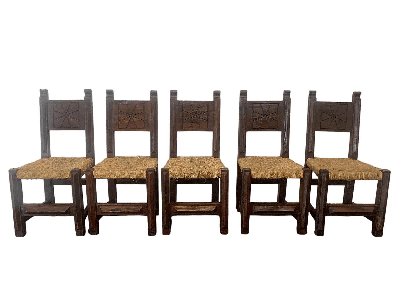 5 Brutalist dining chairs in carved oak, 1950s 14