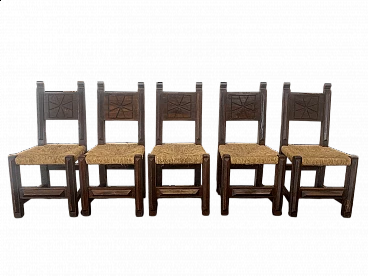 5 Brutalist dining chairs in carved oak, 1950s