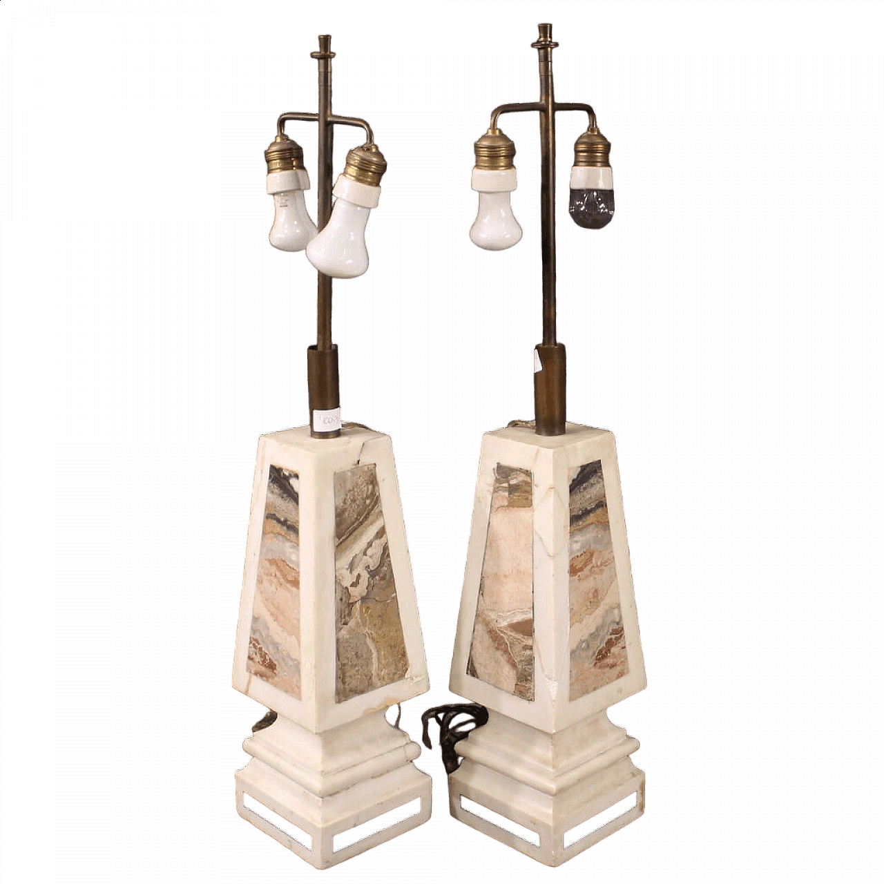 Coppia di lampade da tavolo in marmo bianco con inserti policromi, anni '60 13
