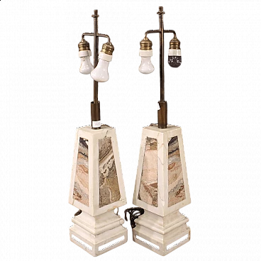 Pair of white marble table lamps with polychrome inserts, 1960s