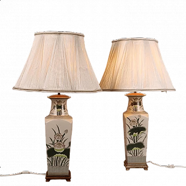 Pair of table lamps with porcelain frame and fabric lampshade
