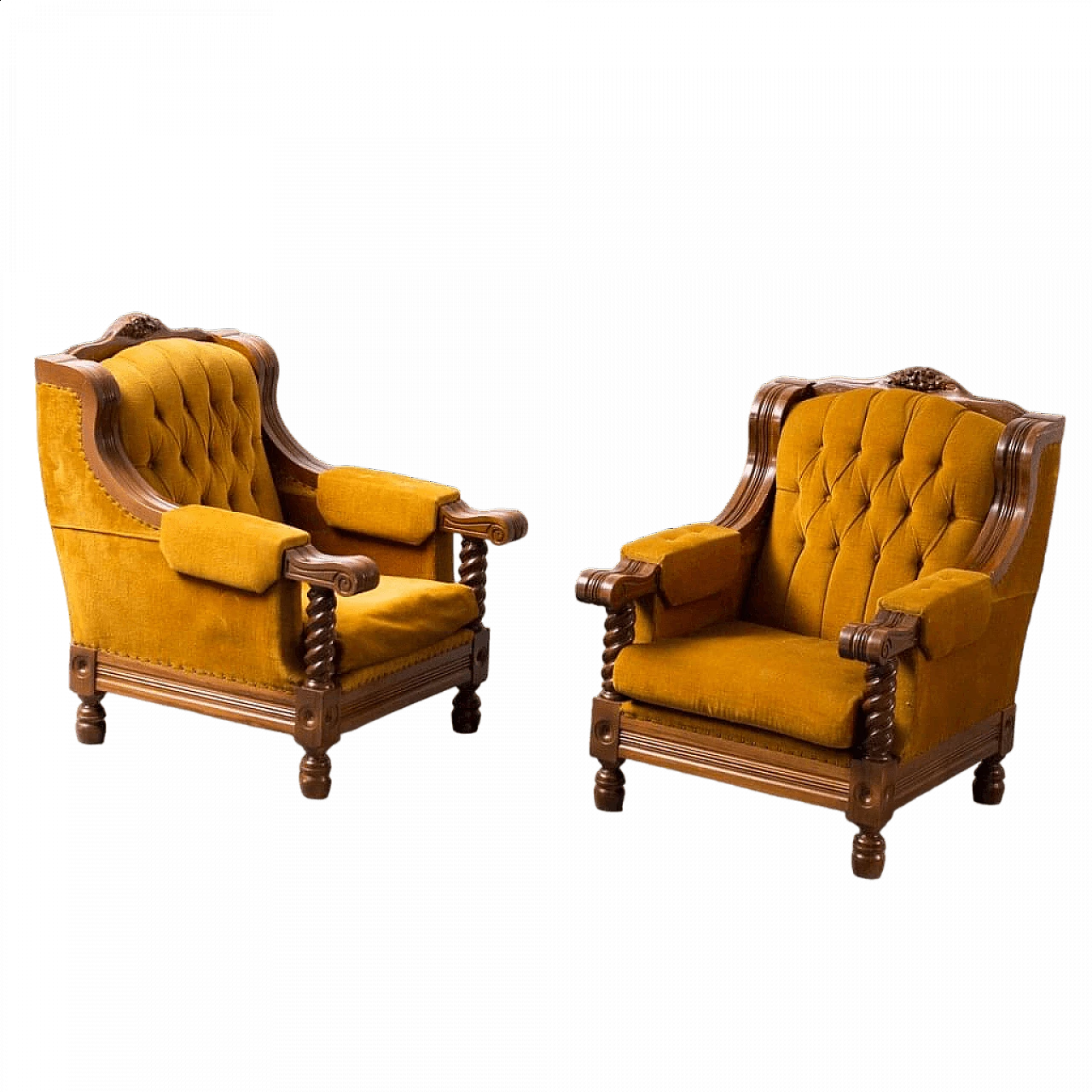 Pair of armchairs in yellow velvet and wood, 1950s 8
