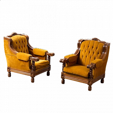 Pair of armchairs in yellow velvet and wood, 1950s