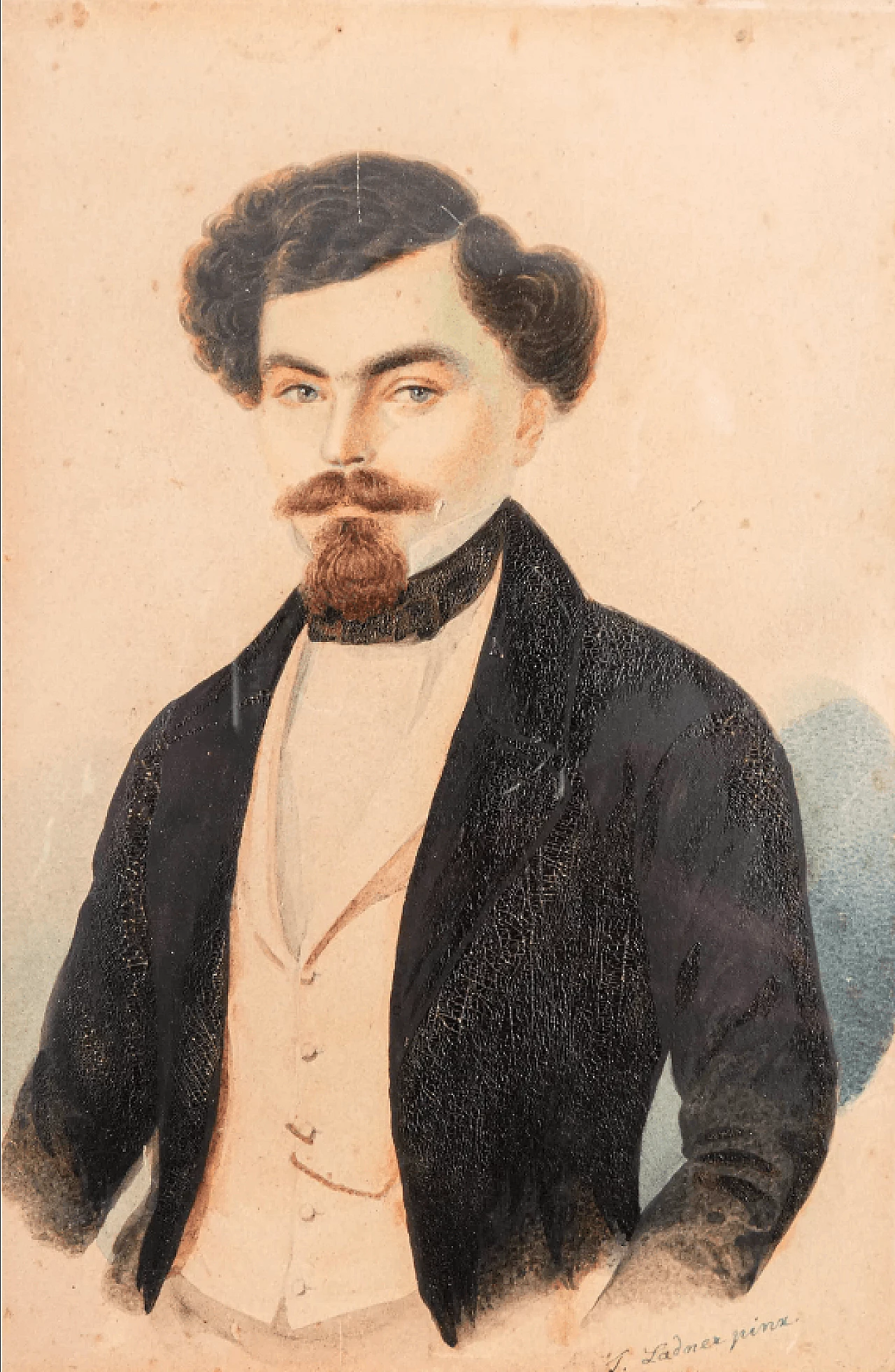 Portrait of a young man signed Ladner, watercolour on paper by Tommaso Baghetti, 19th century 2