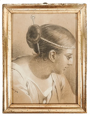 Antonio Barberis, ritratto di donna, matita su carta, '800