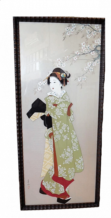 Dipinto giapponese su seta raffigurante geisha, fine '800