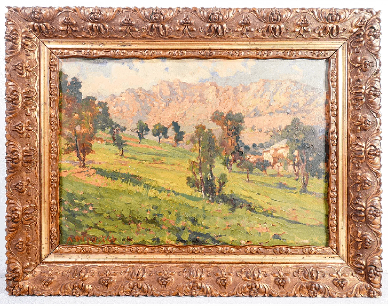 Paesaggio montano, dipinto a olio con cornice, metà '900 1