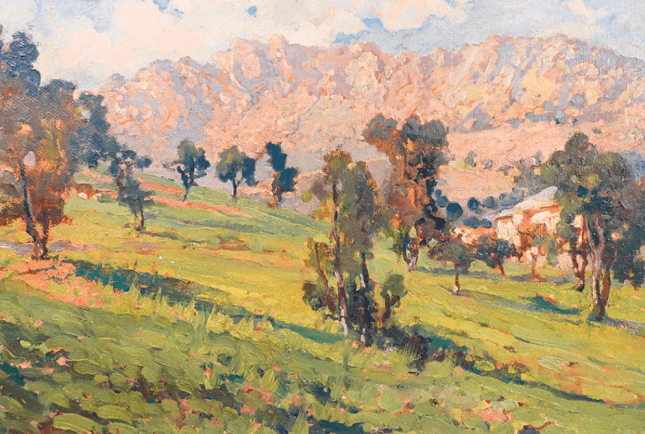 Paesaggio montano, dipinto a olio con cornice, metà '900 2