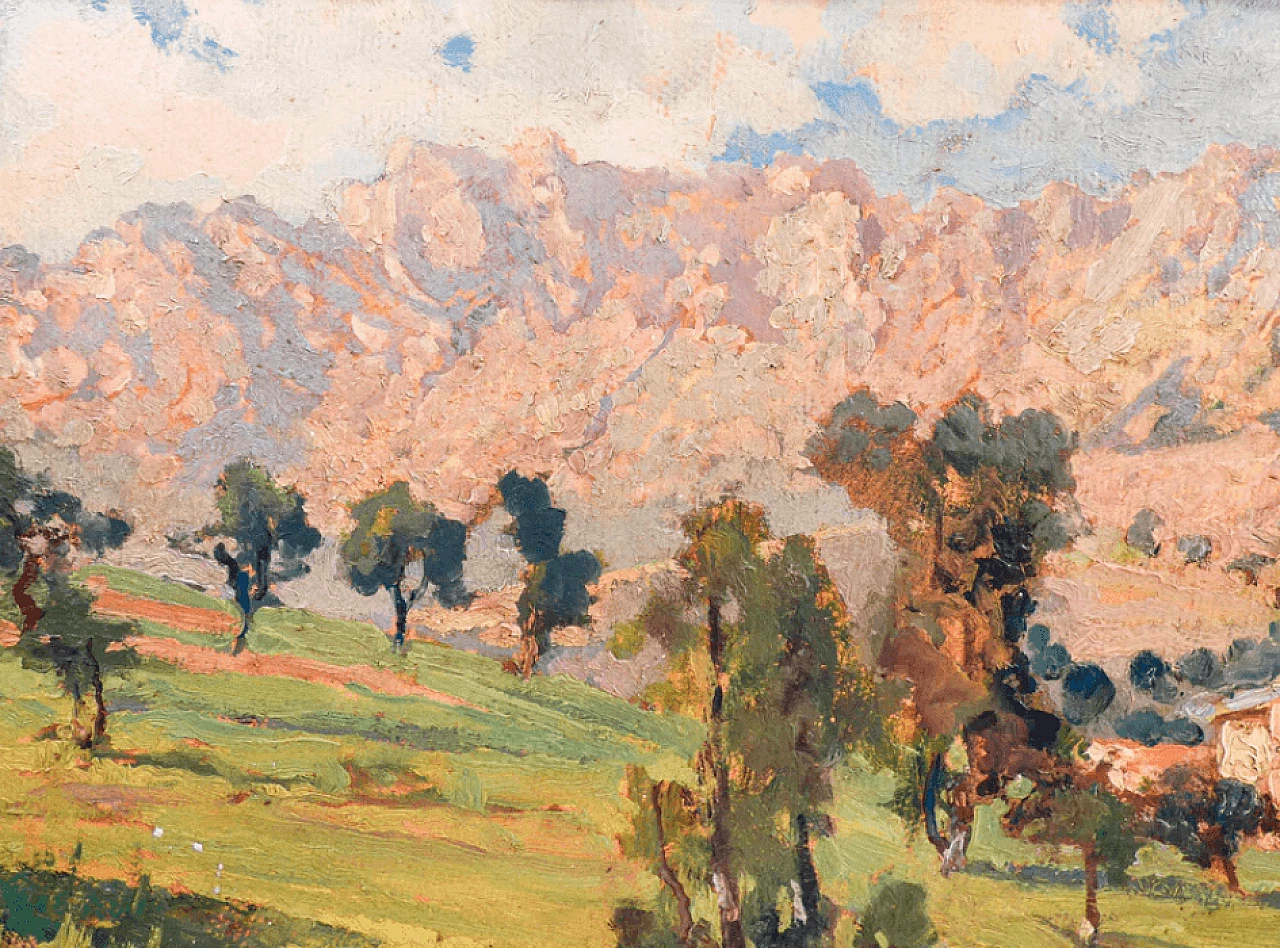 Paesaggio montano, dipinto a olio con cornice, metà '900 5