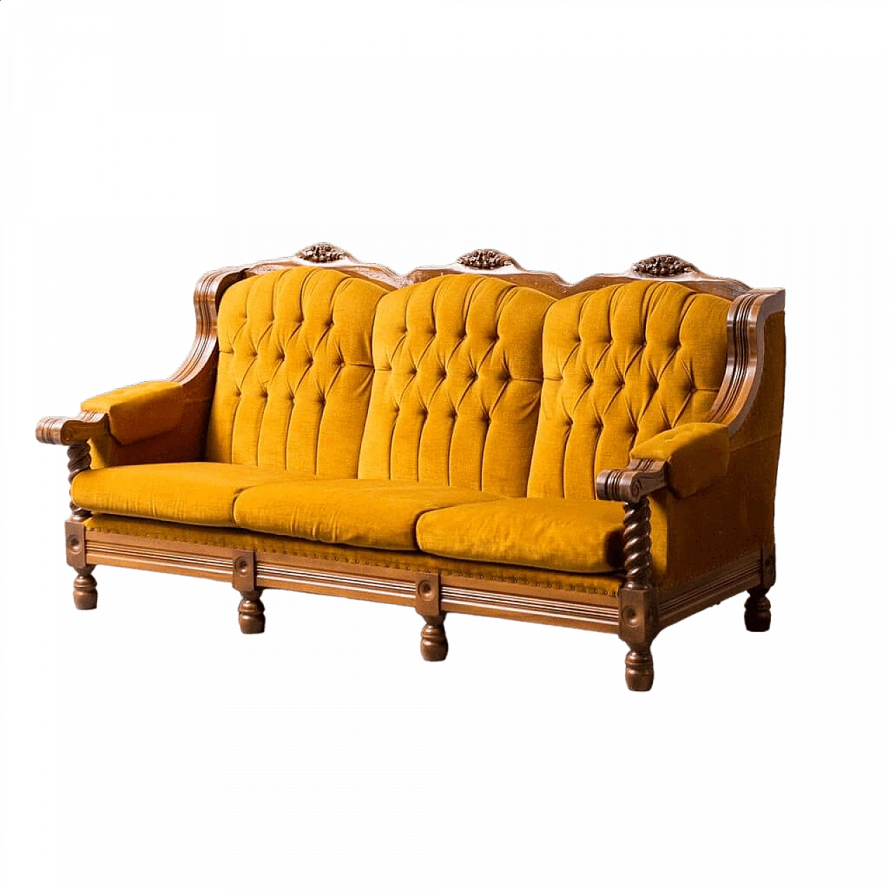 Three-seater wood and yellow velvet sofa, 1950s 11