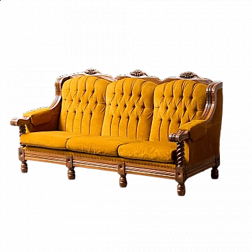 Three-seater wood and yellow velvet sofa, 1950s