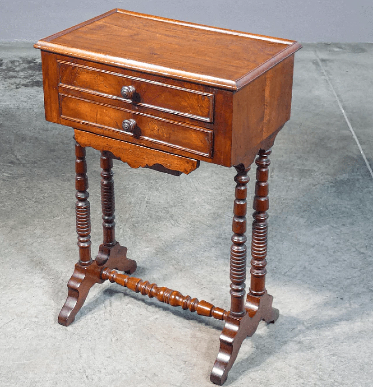 Wooden work table with three drawers, 19th century 1