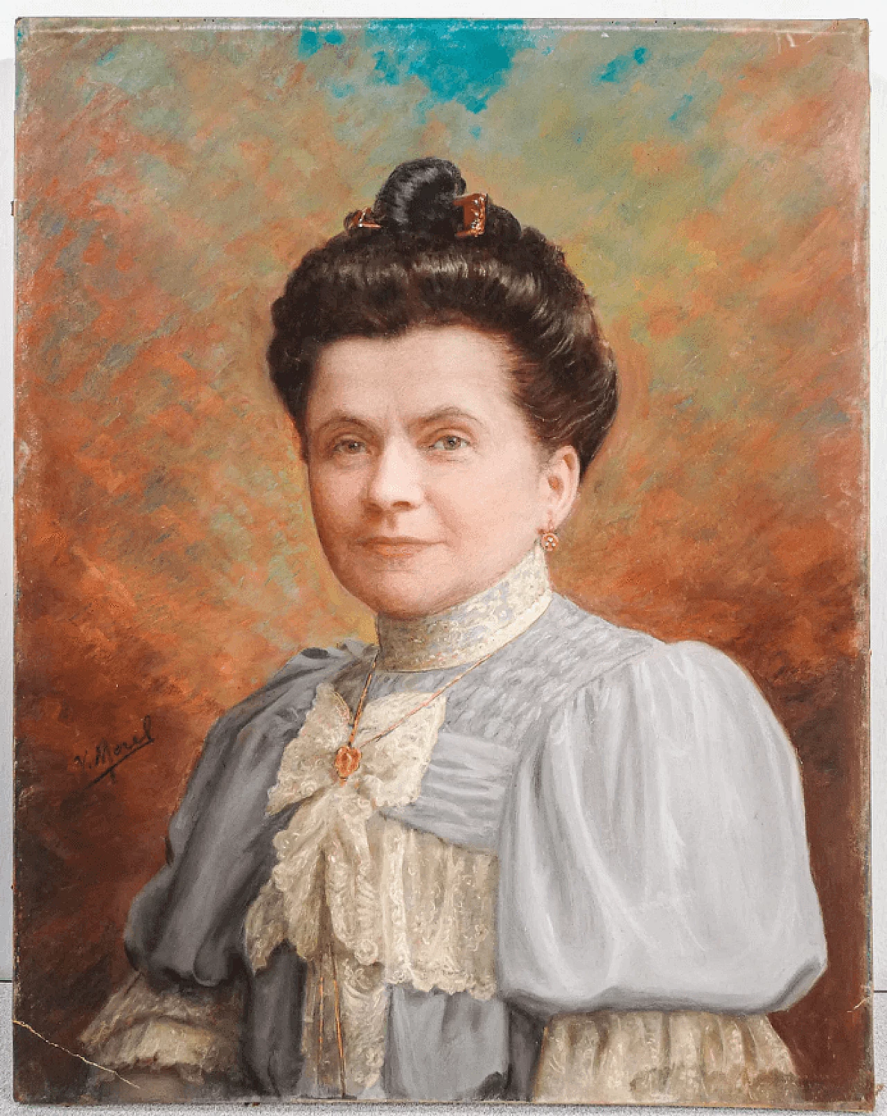 Portrait of a woman, pastel on paper by V.Morel, 19th century 5
