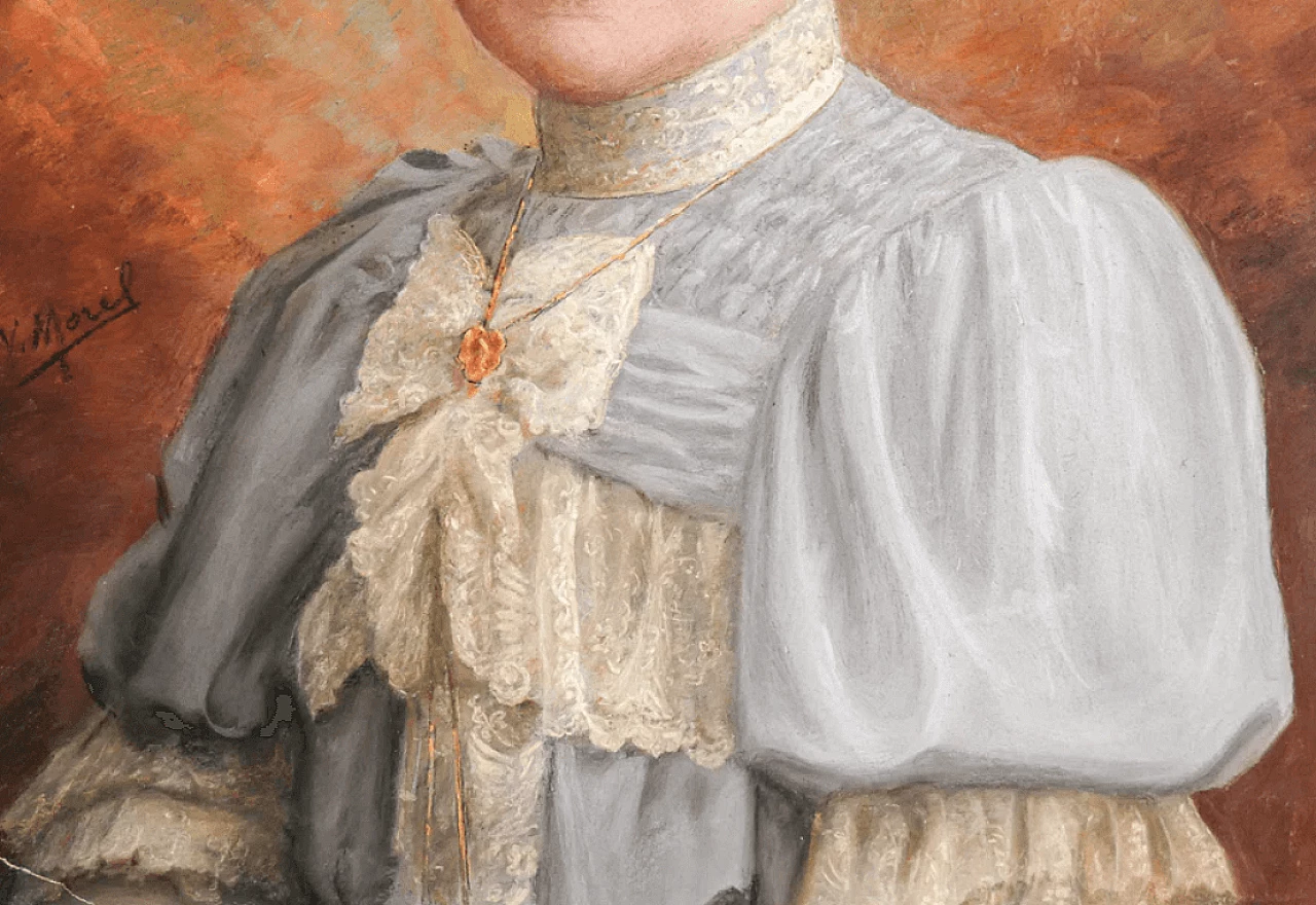 Portrait of a woman, pastel on paper by V.Morel, 19th century 7