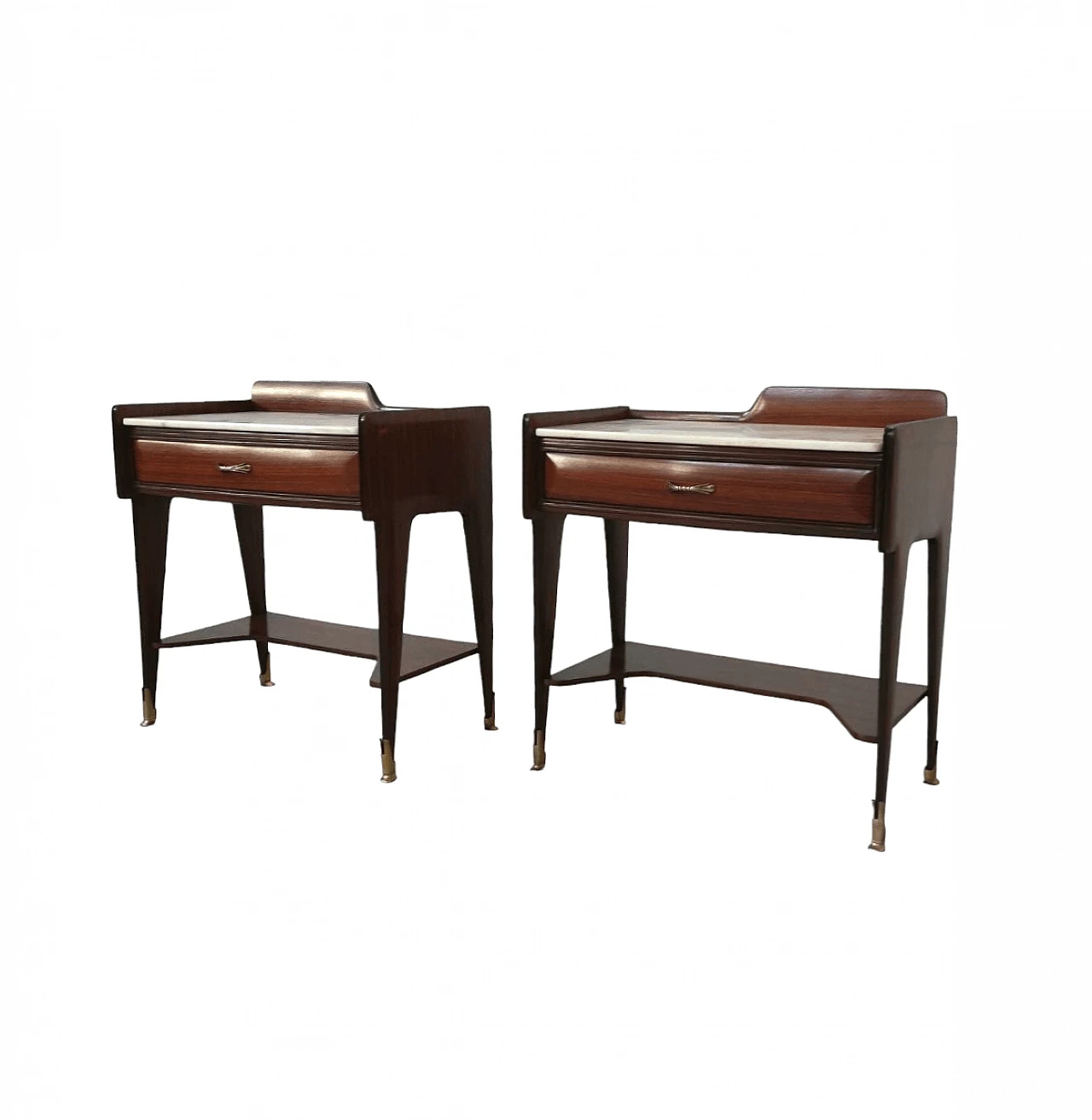 Pair of wooden bedside tables with marble top attributed to Vittorio Dassi, 1950s 1