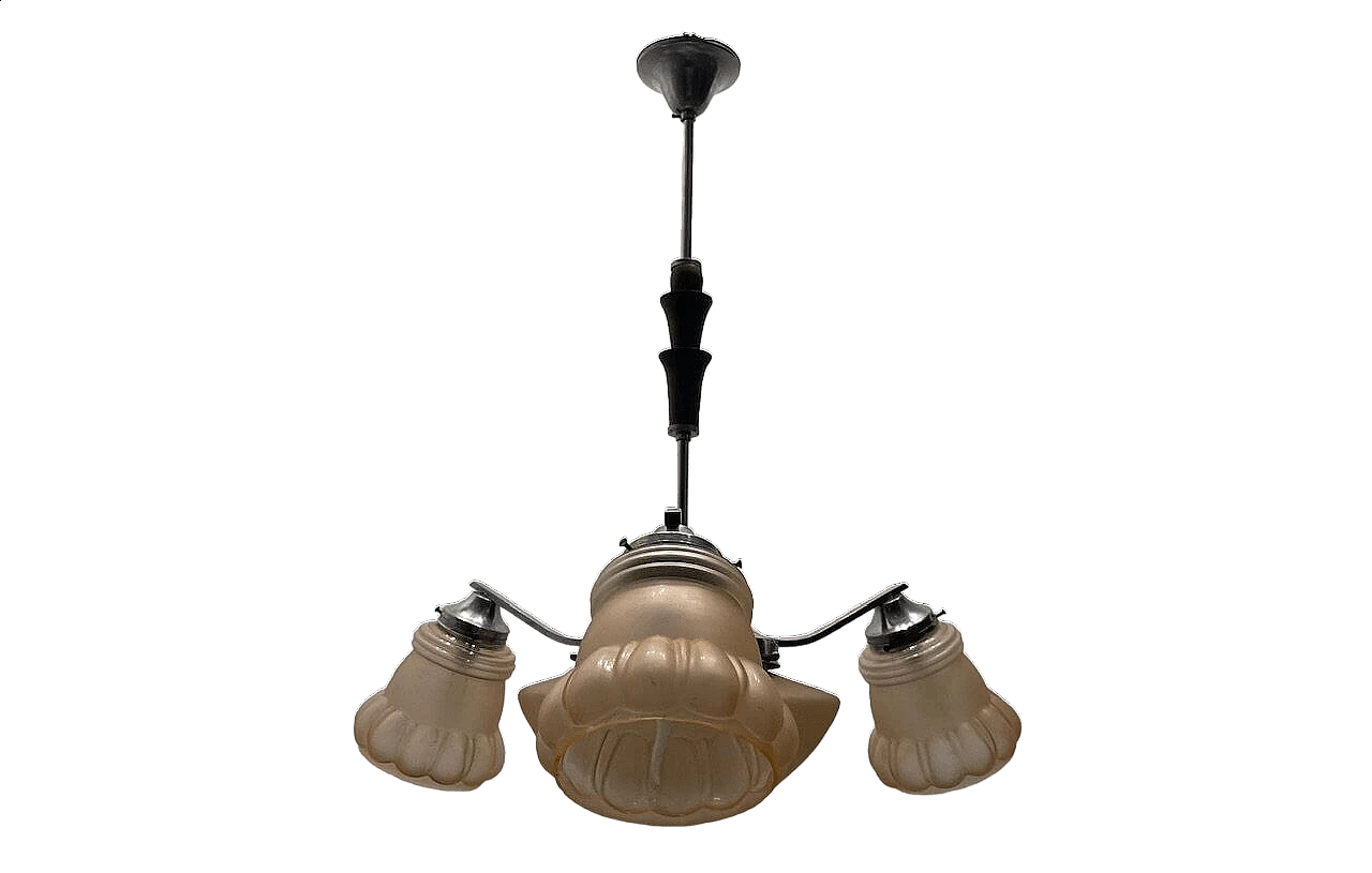 Art Deco pink glass, chromed metal and oak chandelier, 1950s 13