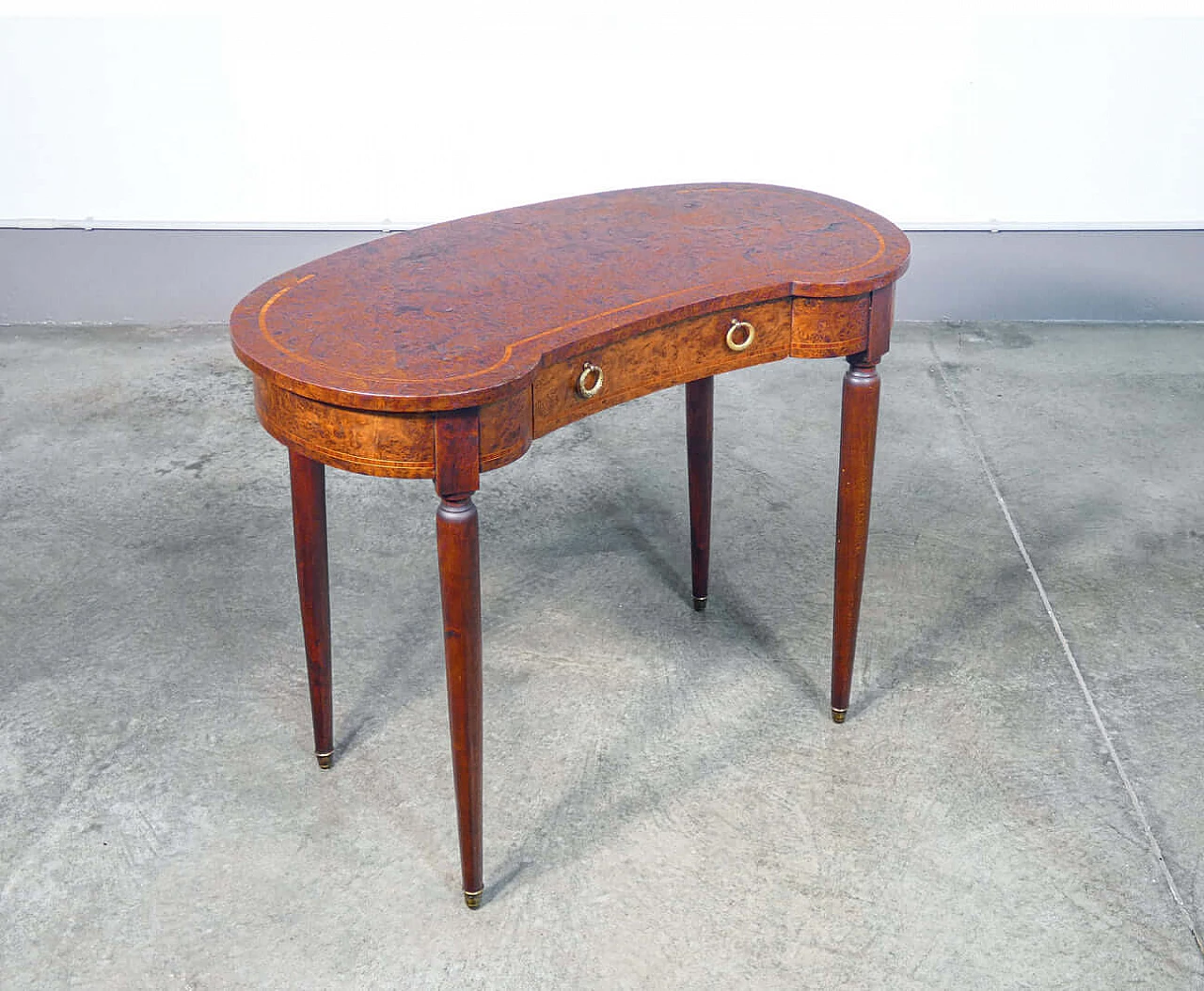 Inlaid walnut and elm burl beanbag desk with front drawer and chair, 19th century 2