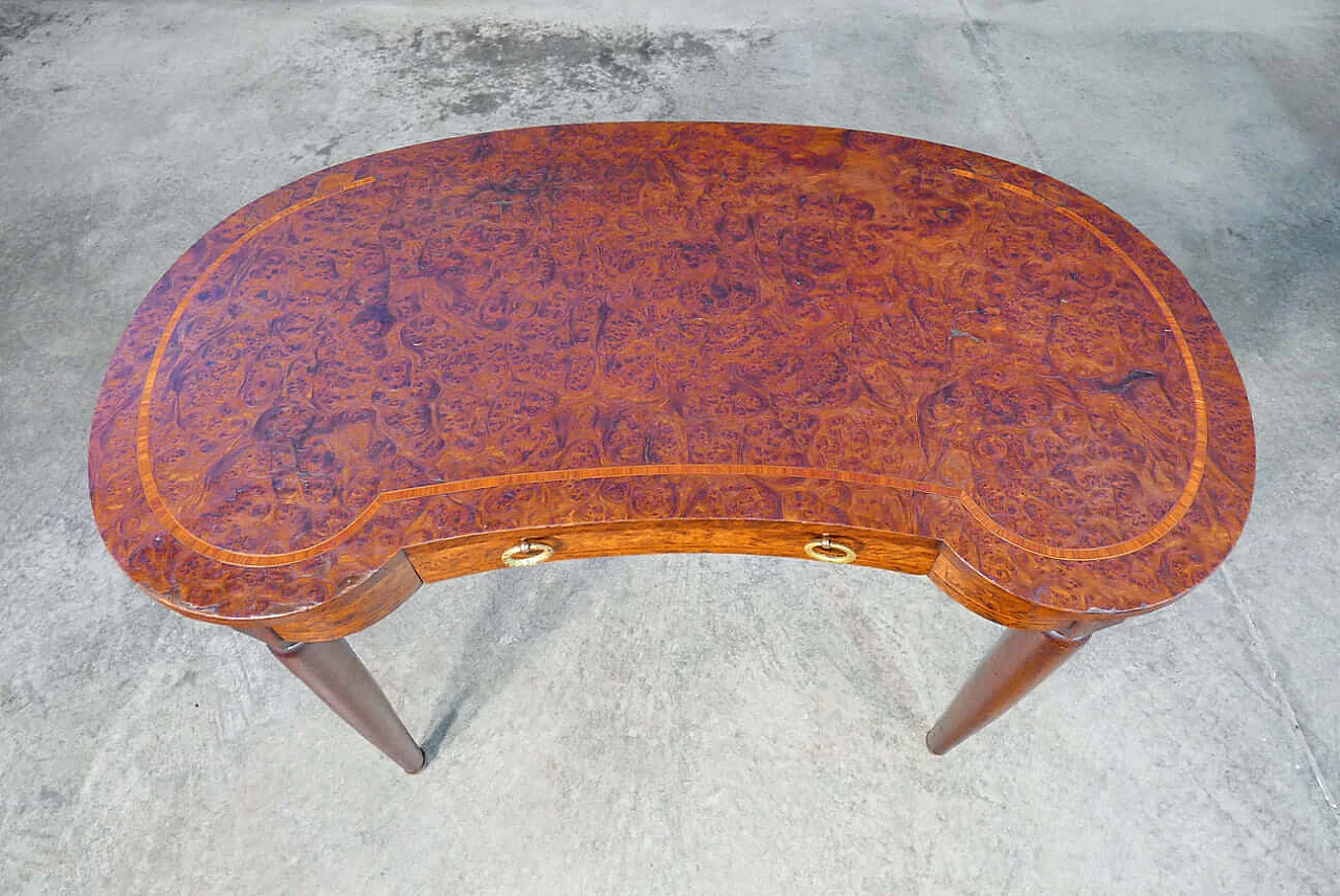 Inlaid walnut and elm burl beanbag desk with front drawer and chair, 19th century 4