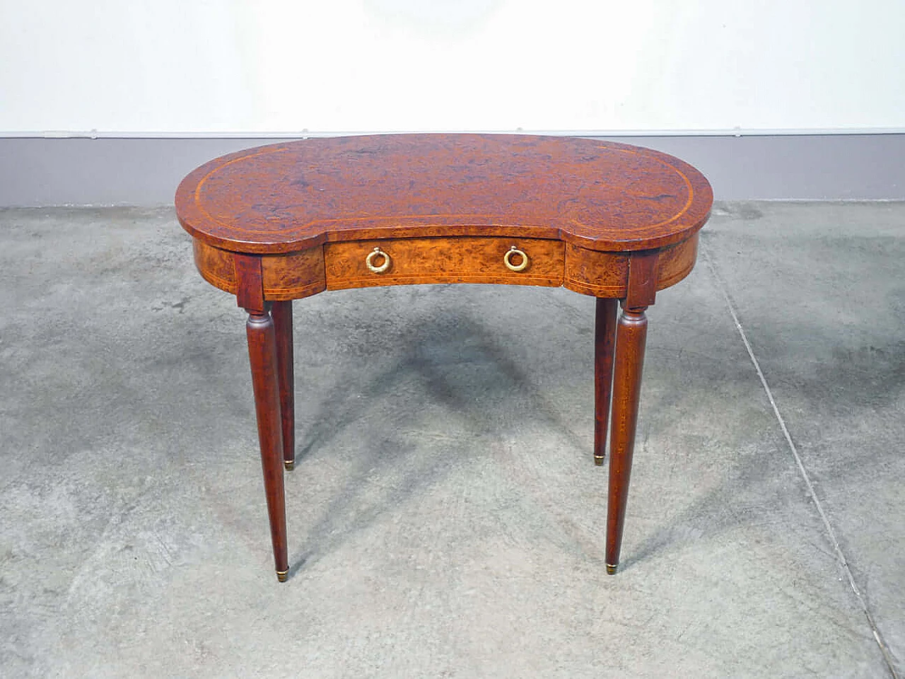 Inlaid walnut and elm burl beanbag desk with front drawer and chair, 19th century 6