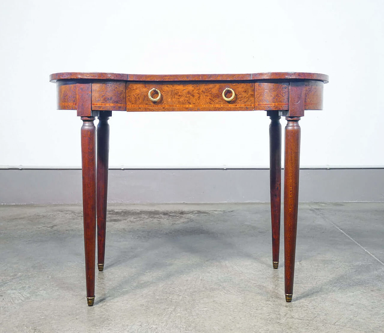 Inlaid walnut and elm burl beanbag desk with front drawer and chair, 19th century 9