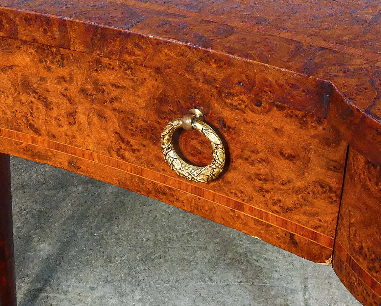Inlaid walnut and elm burl beanbag desk with front drawer and chair, 19th century 15