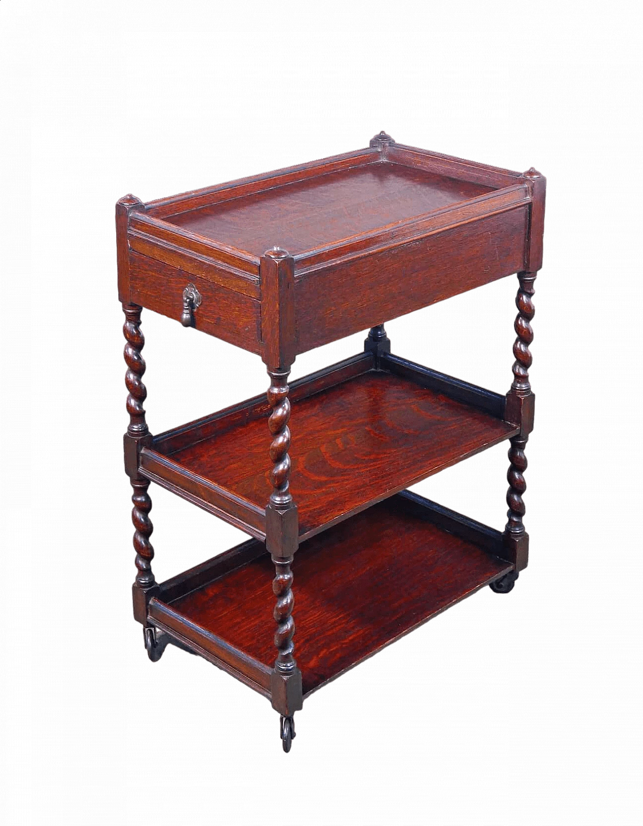 Three-shelf oak etagere with drawer and wheels, 19th century 12