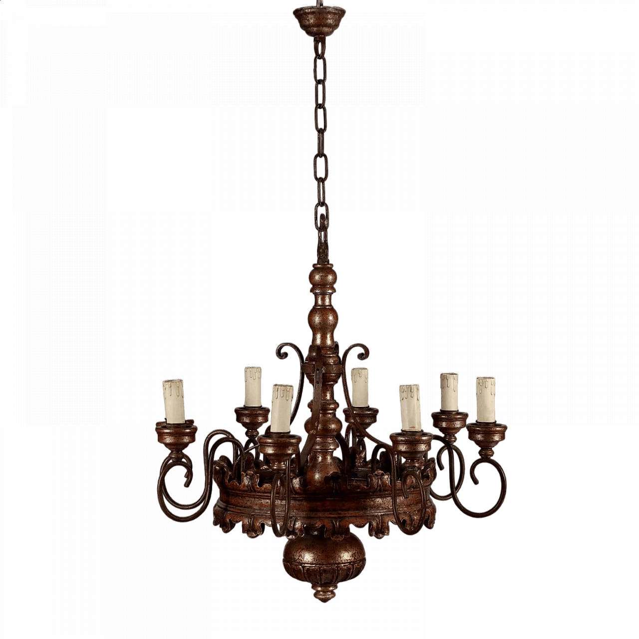Turned wooden chandelier with eight metal arms 11