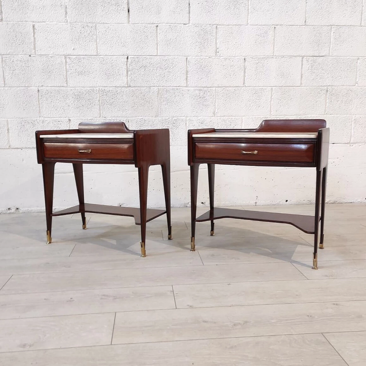 Pair of wooden bedside tables with marble top attributed to Vittorio Dassi, 1950s 2