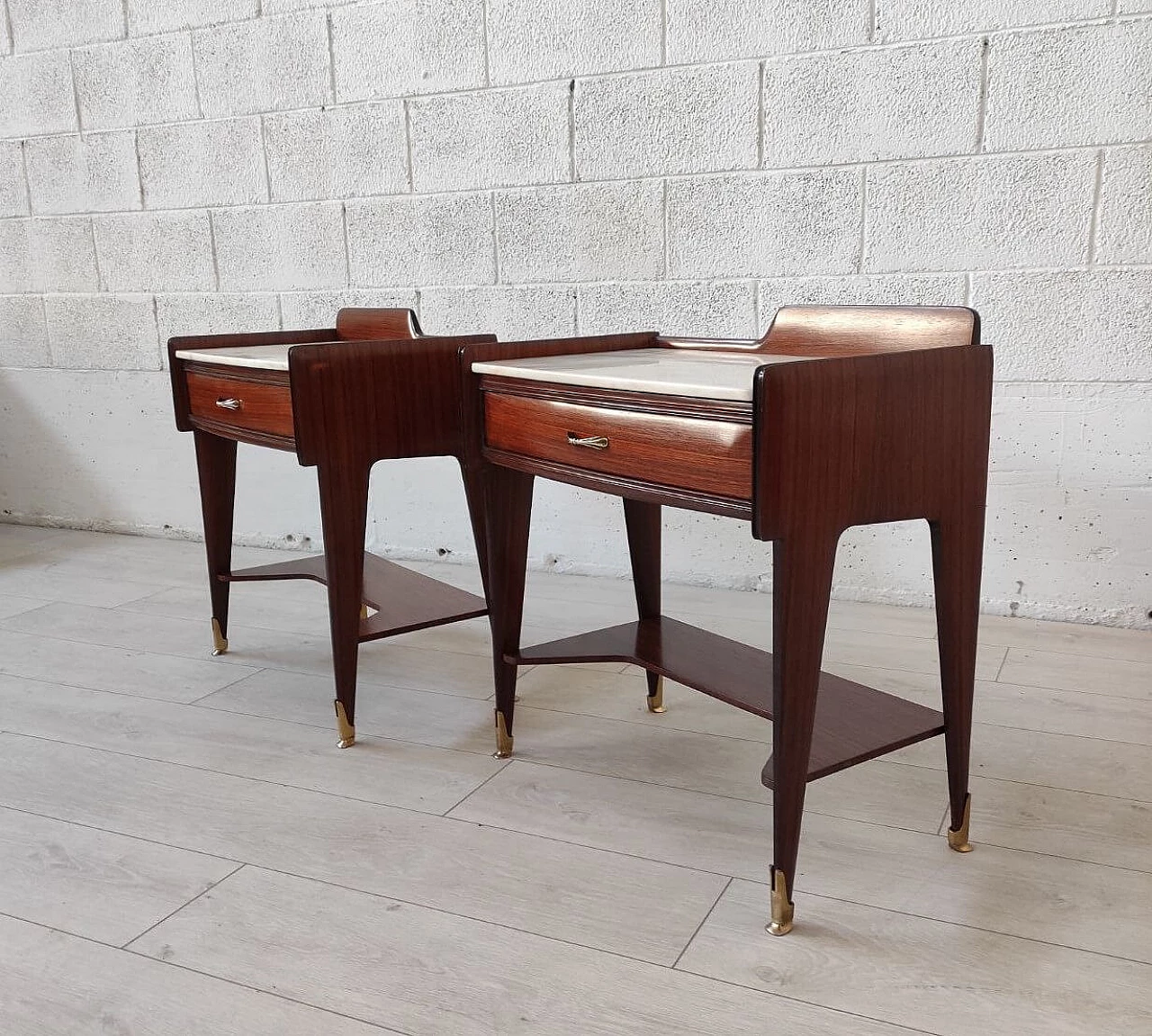 Pair of wooden bedside tables with marble top attributed to Vittorio Dassi, 1950s 4