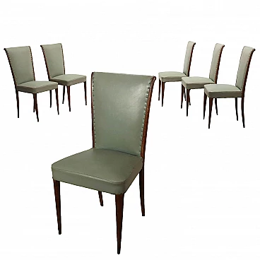 6 beech chairs, upholstered seat covered in faux leather, 1950s