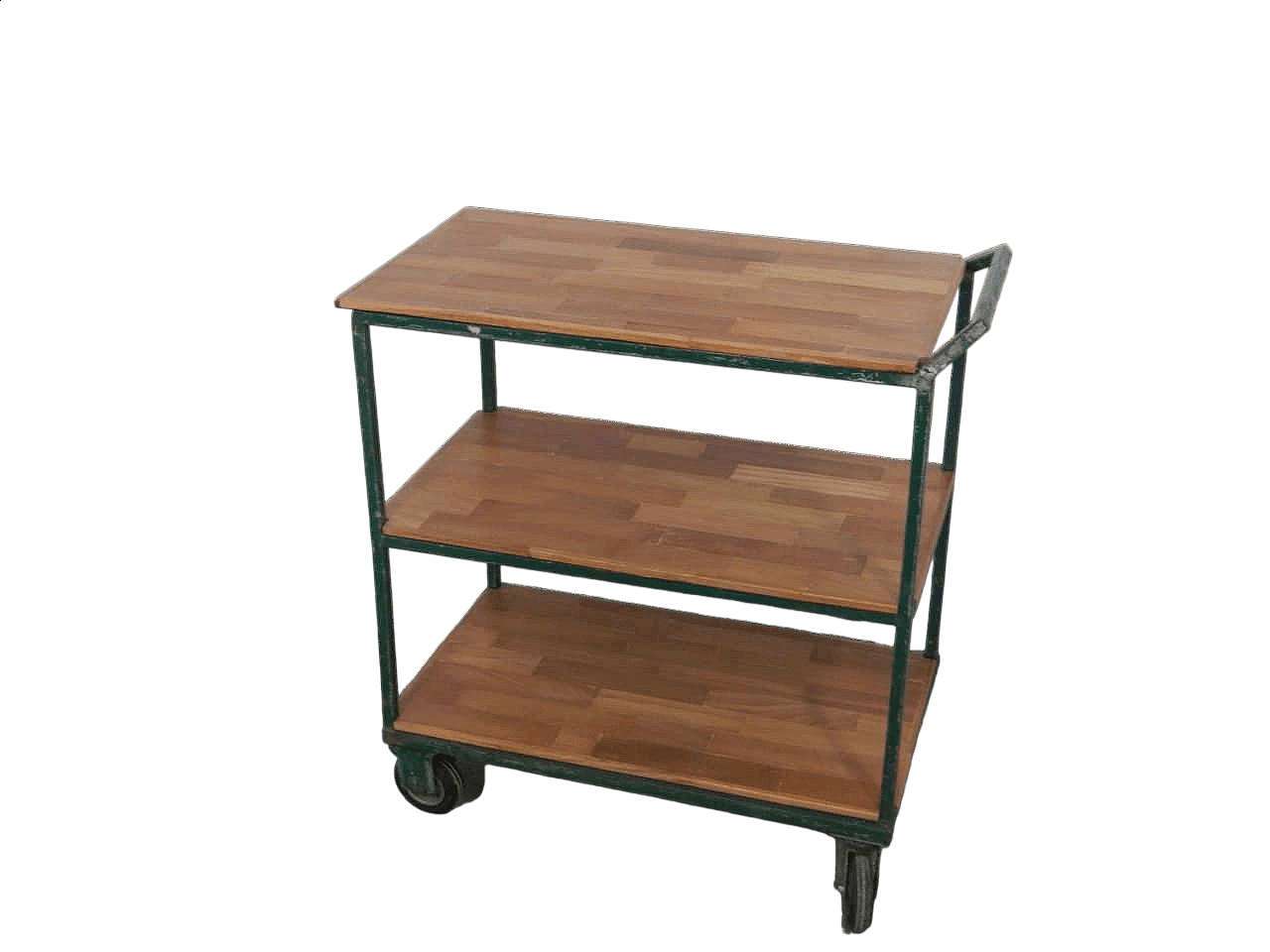 Green iron workshop trolley with oak shelves, 1970s 9