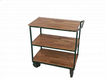 Green iron workshop trolley with oak shelves, 1970s