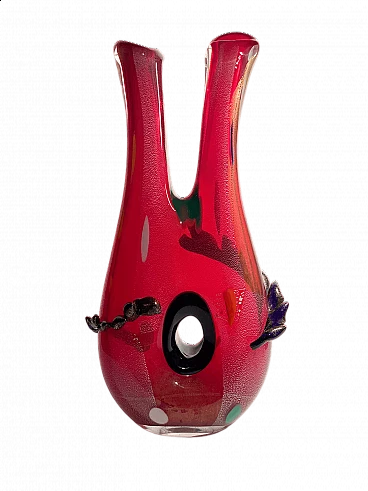 Vaso in vetro di Murano rosso e multicolore nello stile di Dino Martens, anni '50