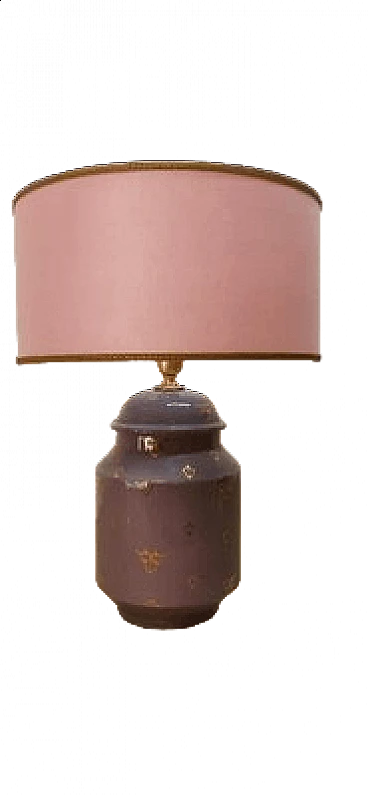 Lampada da tavolo in ceramica viola con paralume in tessuto, anni '70