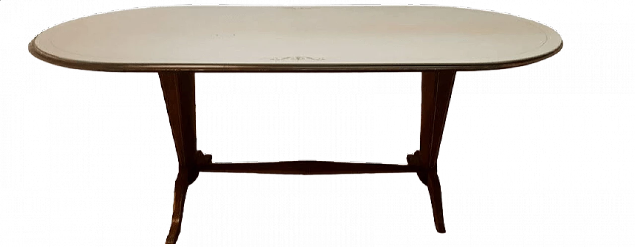Tavolo in legno e ottone con piano in vetro decorato 19