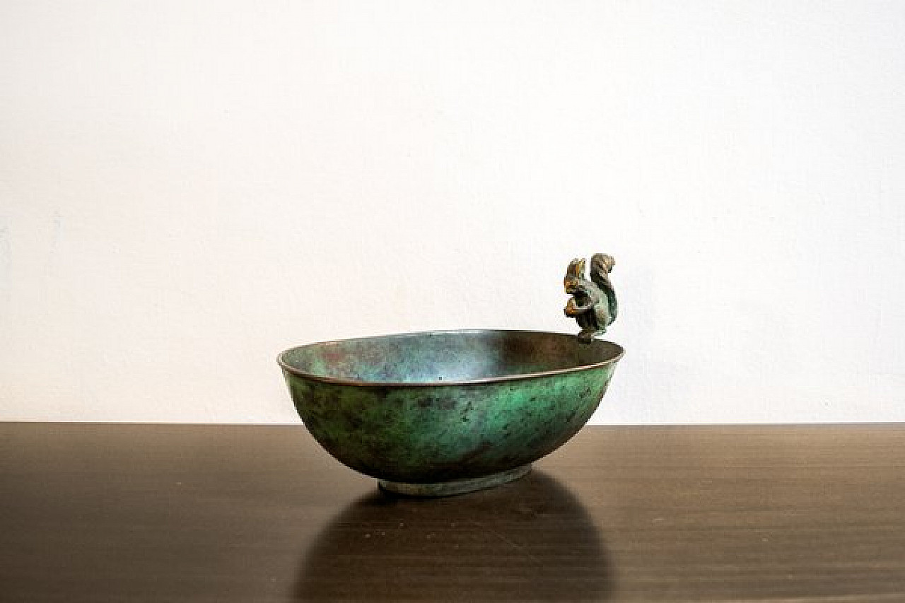 Oxidized brass bowl with squirrel decoration, 1940s 1