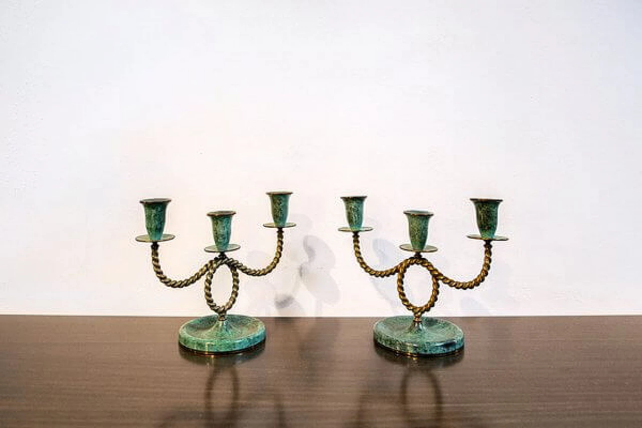 Pair of brass and oxidized brass candle holders, 1940s 1