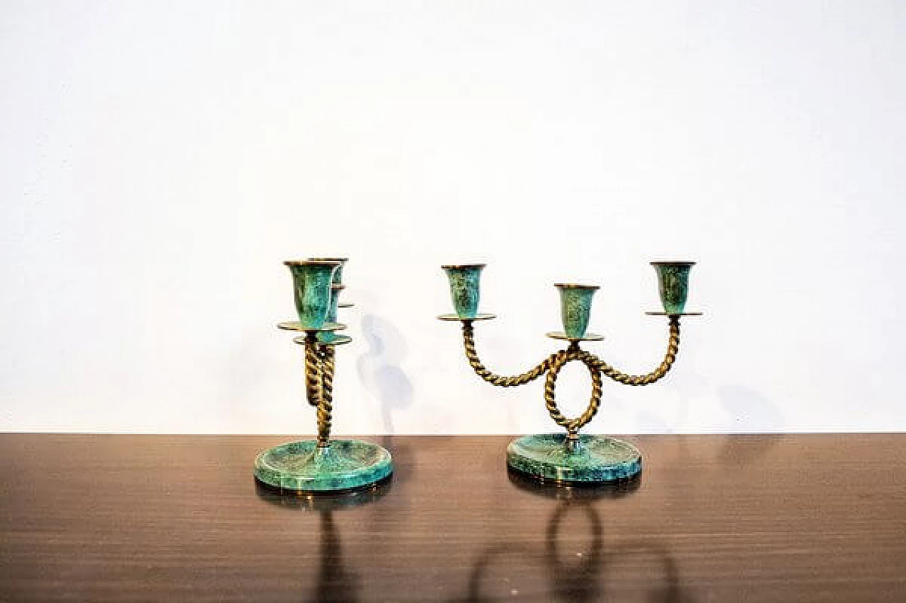 Pair of brass and oxidized brass candle holders, 1940s 2