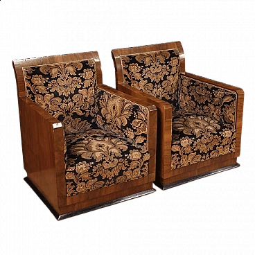 Pair of carved and veneered Art Deco armchairs in walnut and ebonised wood, 1930s