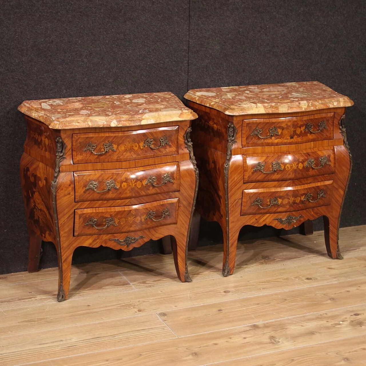 Pair of Louis XV style inlaid wood and marble bedside tables, 1960s 1