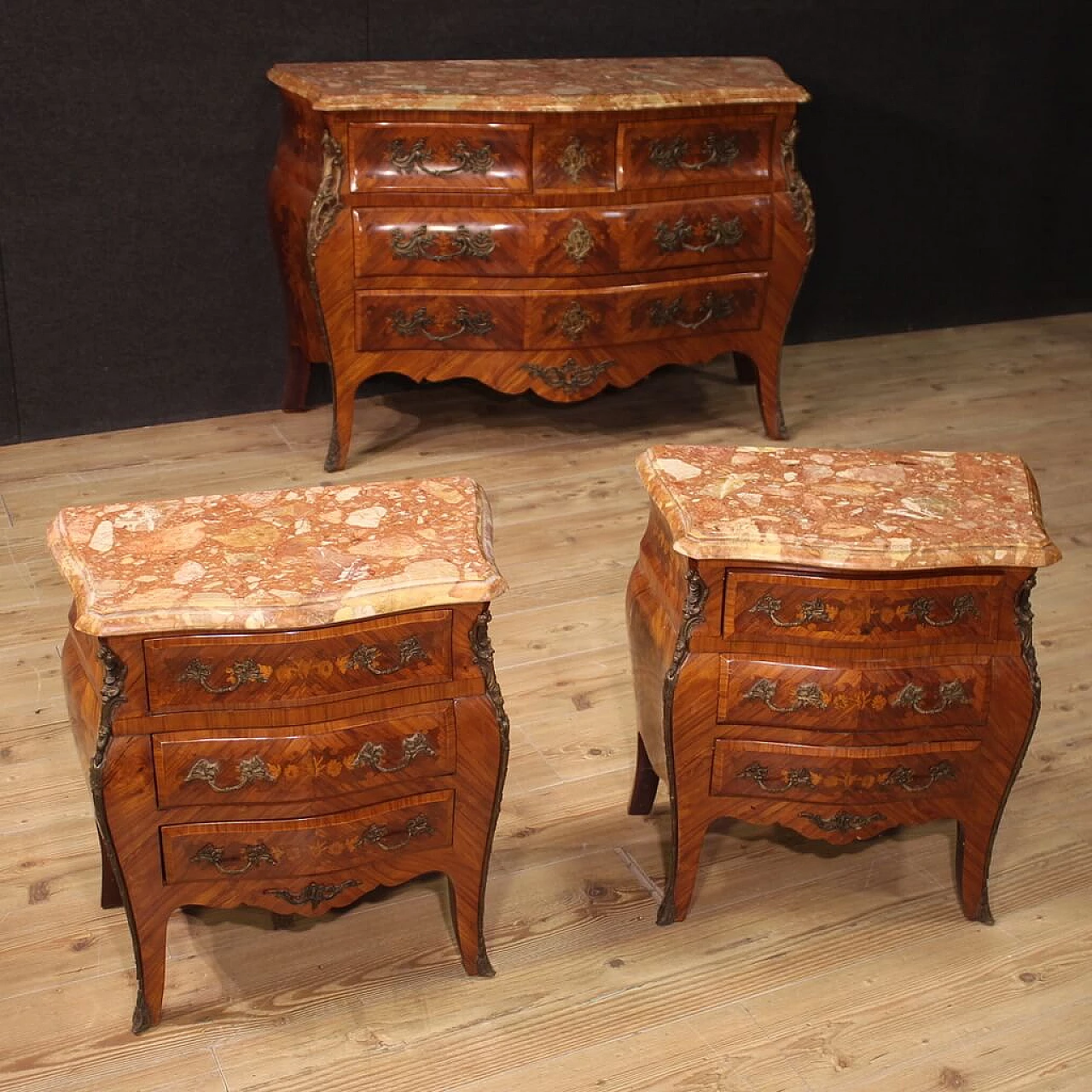 Pair of Louis XV style inlaid wood and marble bedside tables, 1960s 2