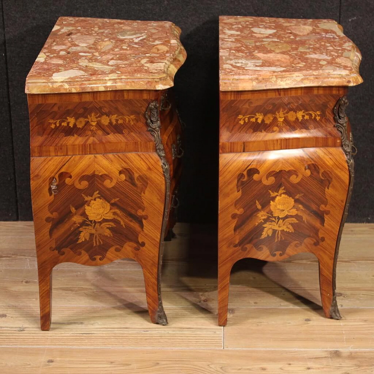 Pair of Louis XV style inlaid wood and marble bedside tables, 1960s 3