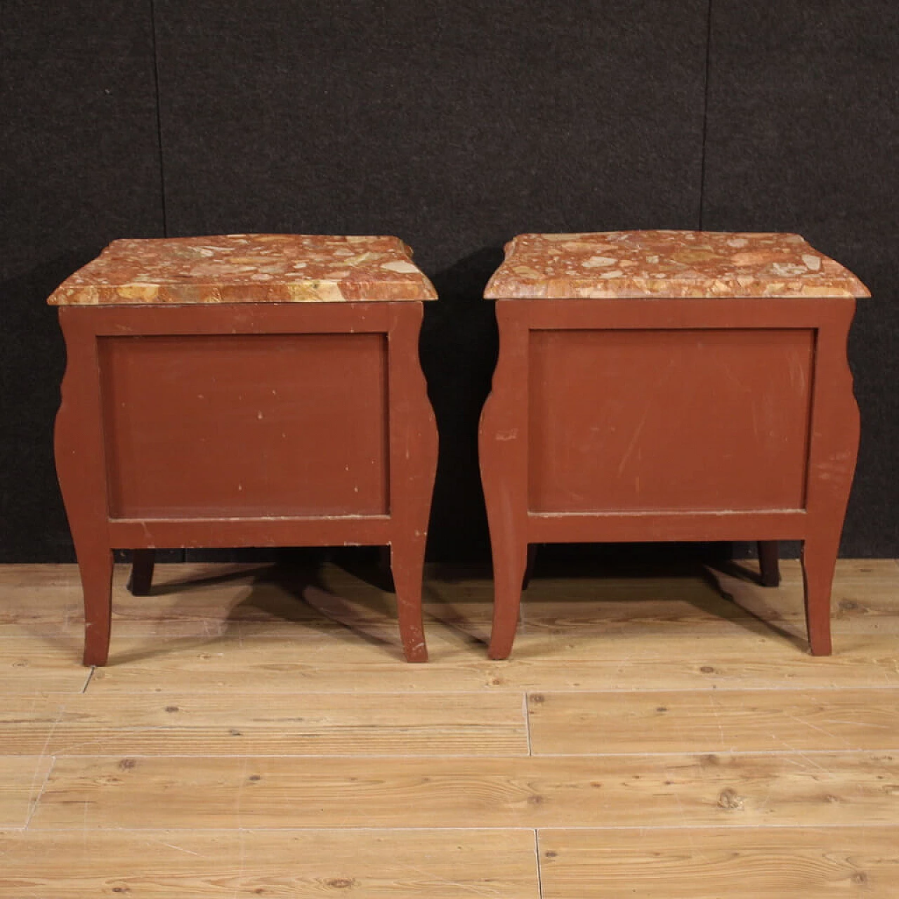 Pair of Louis XV style inlaid wood and marble bedside tables, 1960s 4