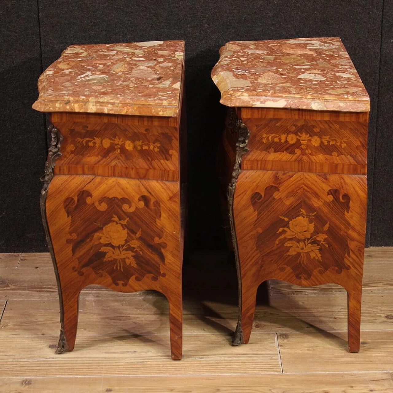 Pair of Louis XV style inlaid wood and marble bedside tables, 1960s 5