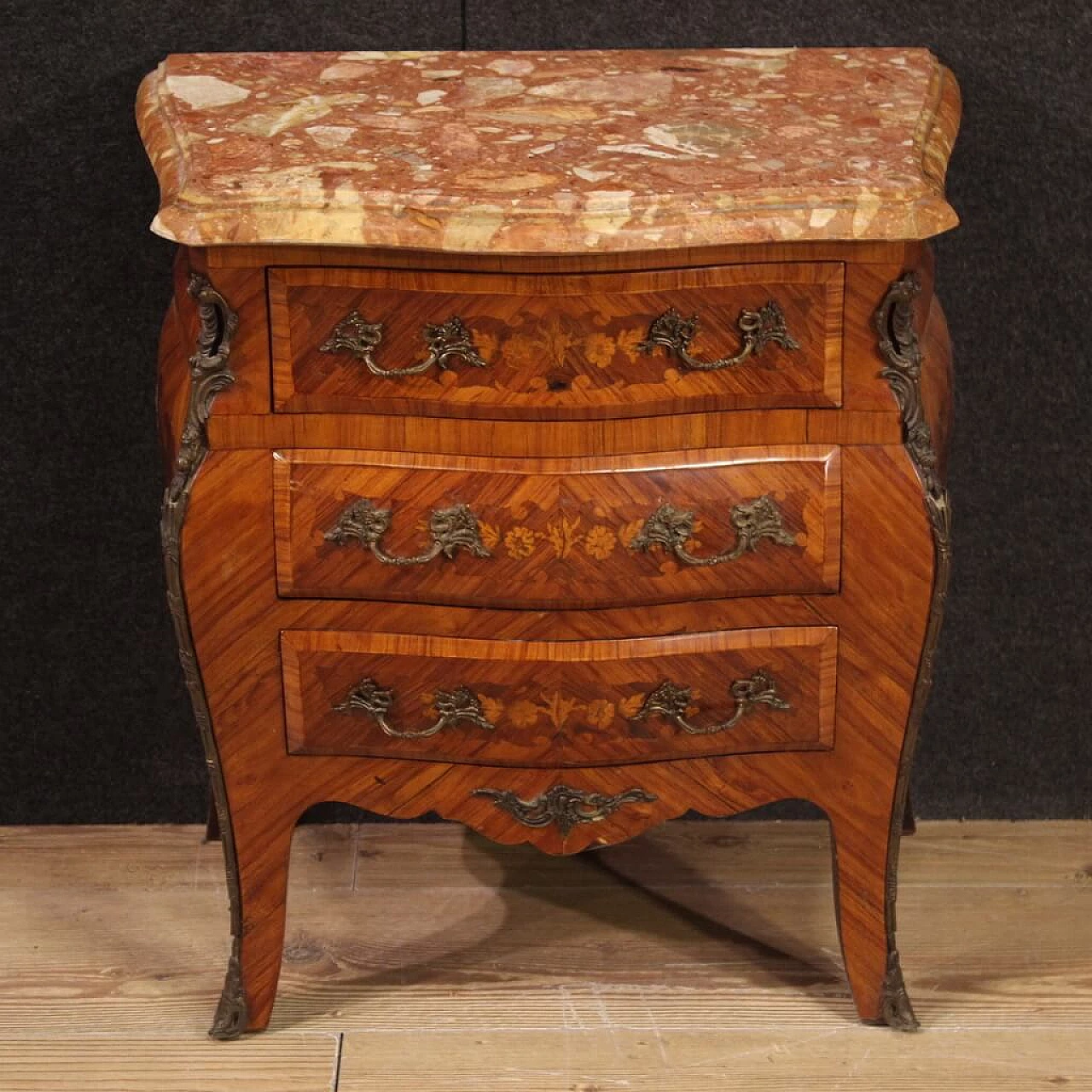 Pair of Louis XV style inlaid wood and marble bedside tables, 1960s 6